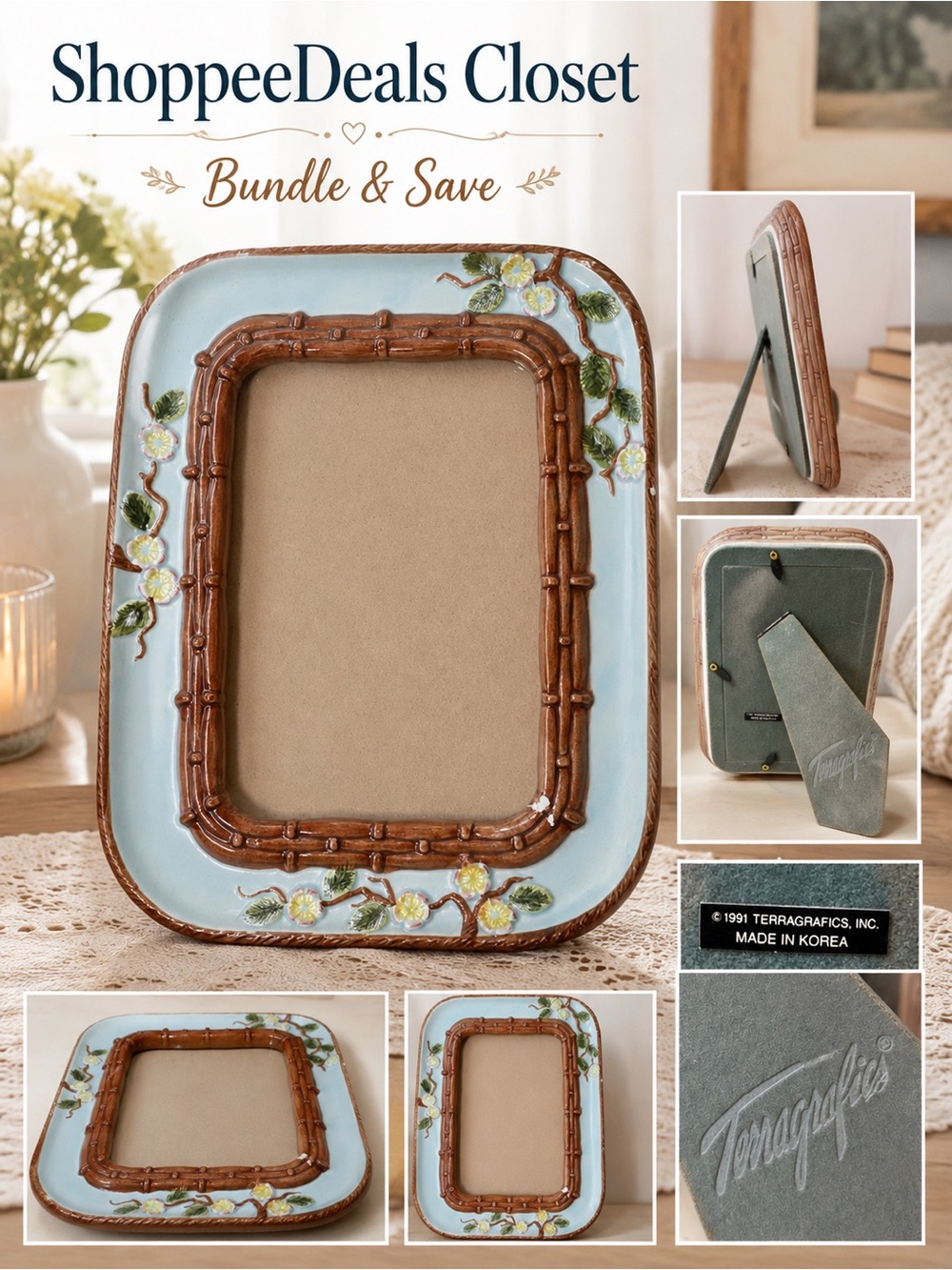 Vintage Terragrafics Ceramic Picture Frame Blue Bamboo Floral 1991 Korea
